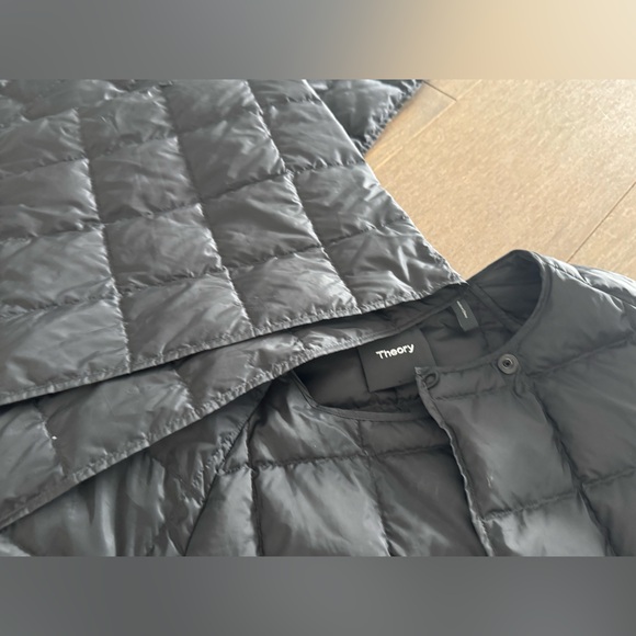 Theory Black Puffer Jacket with large detachable scarf. - Picture 11 of 14